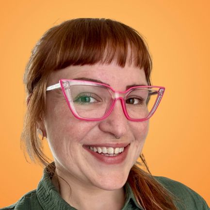 AI educator smiling against an orange background